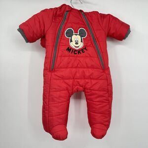 Disney Baby 3-6M Mickey Mouse Snowsuit Infant‎ Red Puffer Sherpa Lined Hooded